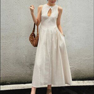 Cotton & Linen Pleated Cutout Long Dress